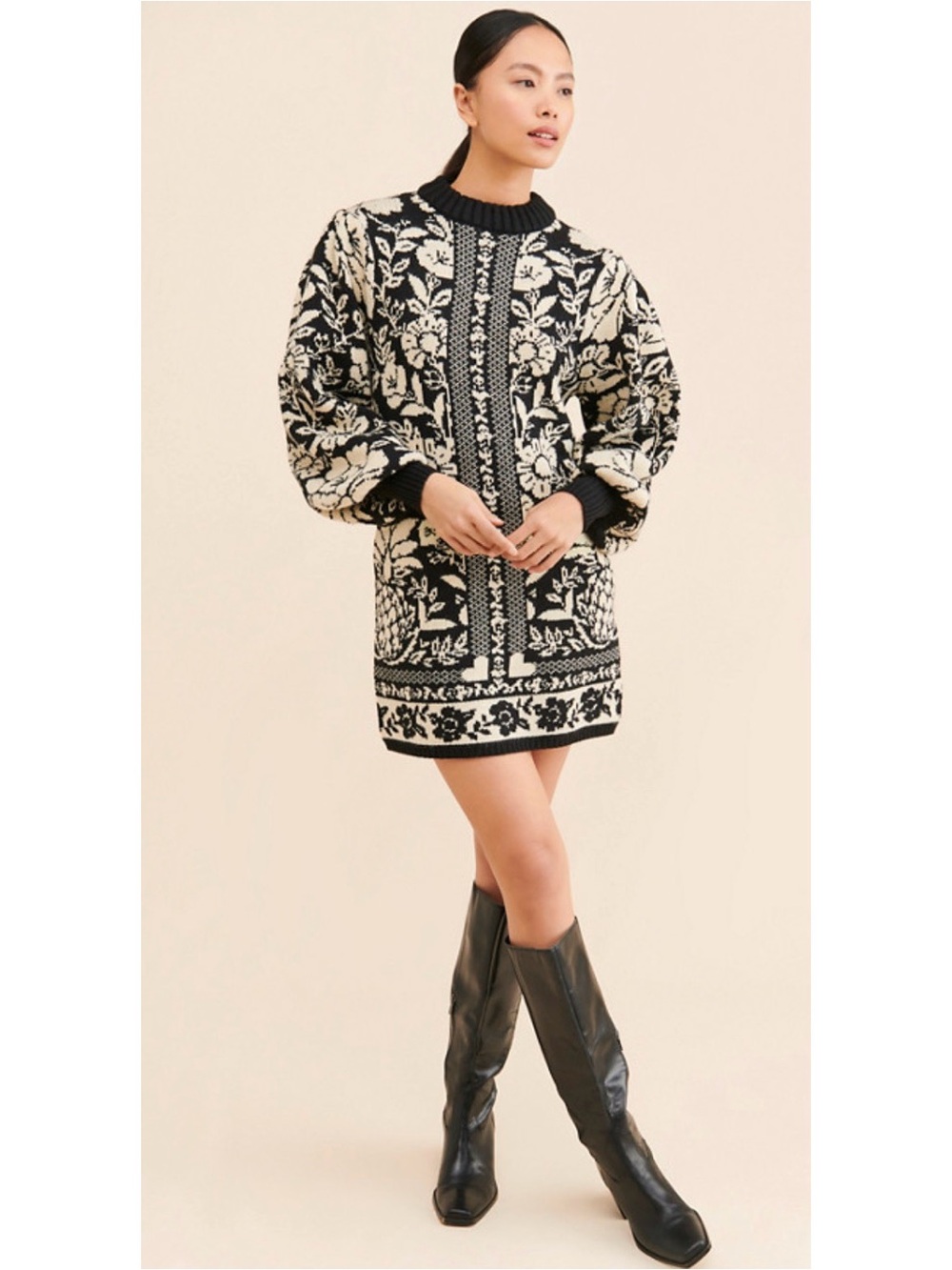 Black and Cream Floral Knit Sweater Dress